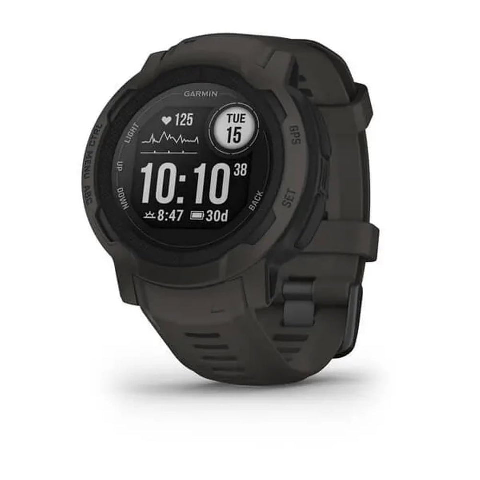 Garmin Instinct 2 graphite case close-up highlighting rugged build for outdoor adventures.