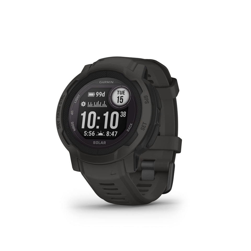 Garmin Instinct 2 Solar front-view in graphite, ready for rugged outdoor adventures.