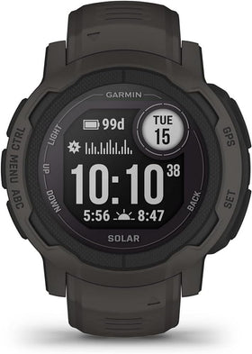 Garmin Instinct 2 Solar front view — rugged outdoor watch ready for adventures.