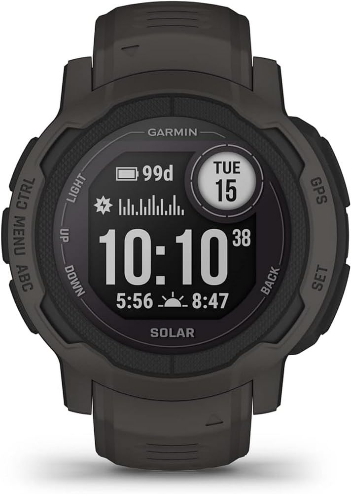 Garmin Instinct 2 Solar front view — rugged outdoor watch ready for adventures.