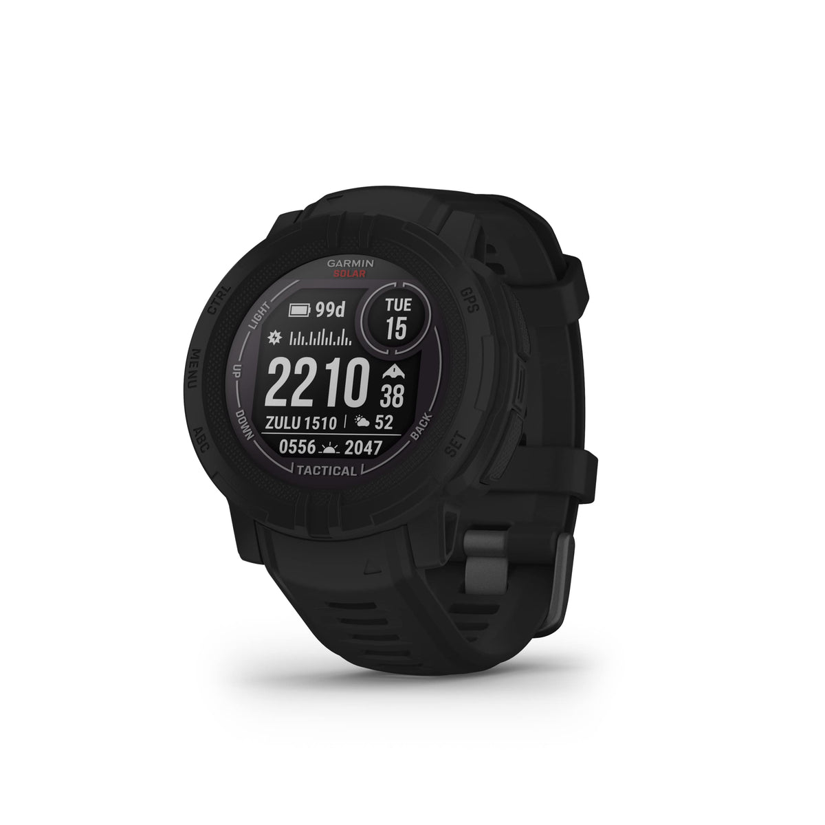 Garmin Instinct 2 Solar Tactical Edition front view showing rugged design and solar charging for longer outings