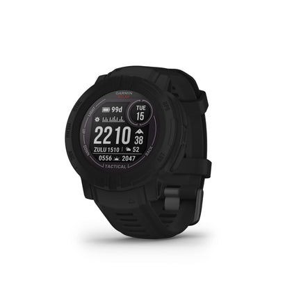 Garmin Instinct 2 Solar Tactical Edition front view showing rugged design and solar charging for longer outings