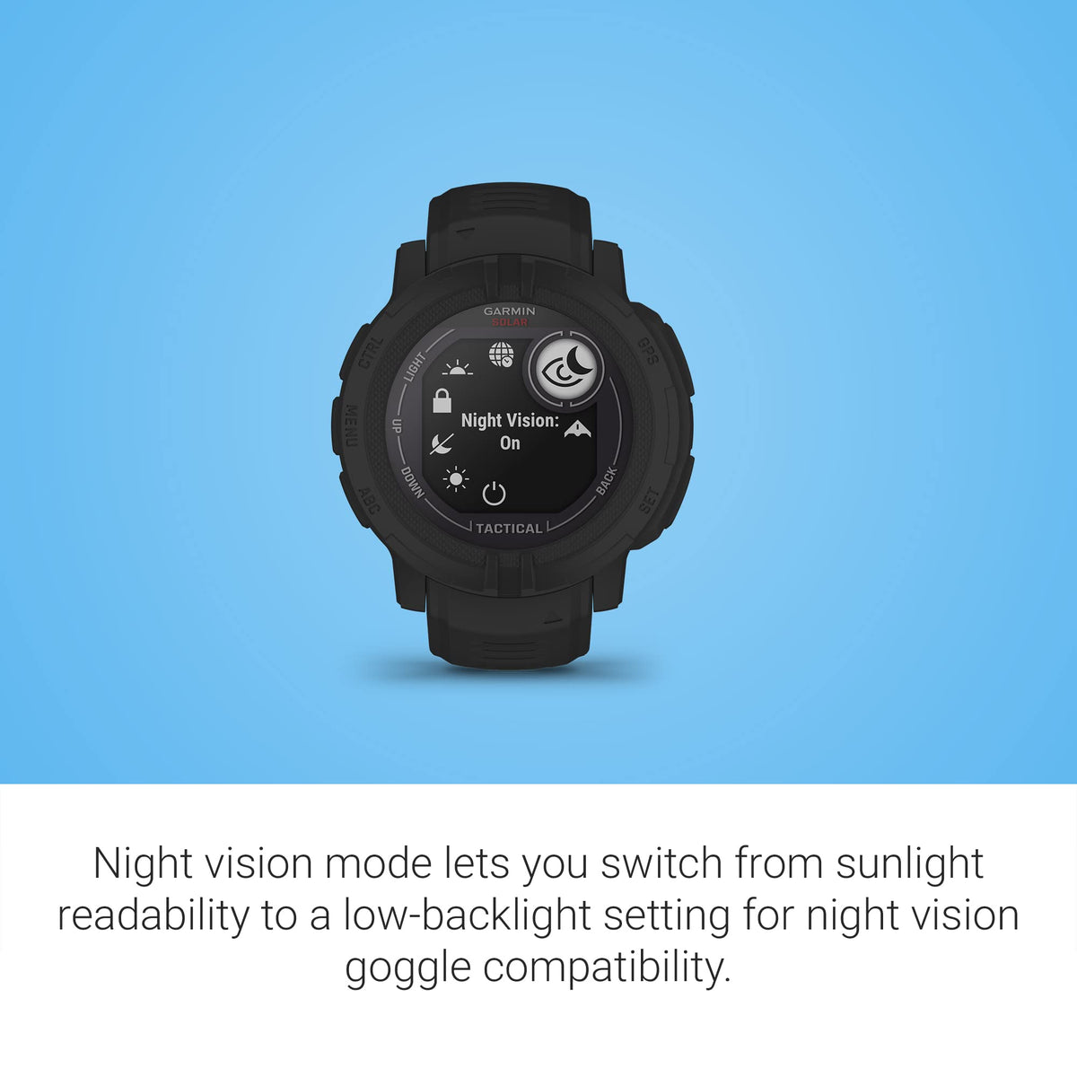 Garmin Instinct 2 Solar Tactical Edition watch solar charging image illustrates extended battery life
