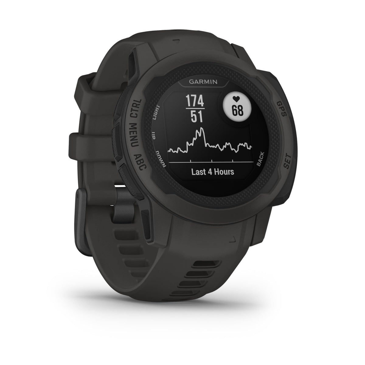Garmin Instinct 2S graphite close-up of durable case highlighting shock and scratch resistance