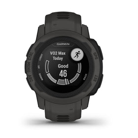 Garmin Instinct 2S graphite front view showing compact rugged design for outdoor wear