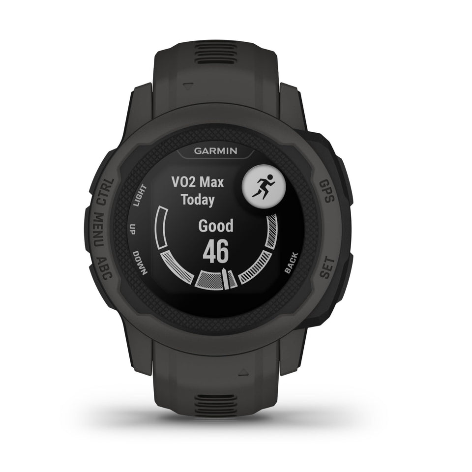 Garmin Instinct 2S graphite front view showing compact rugged design for outdoor wear