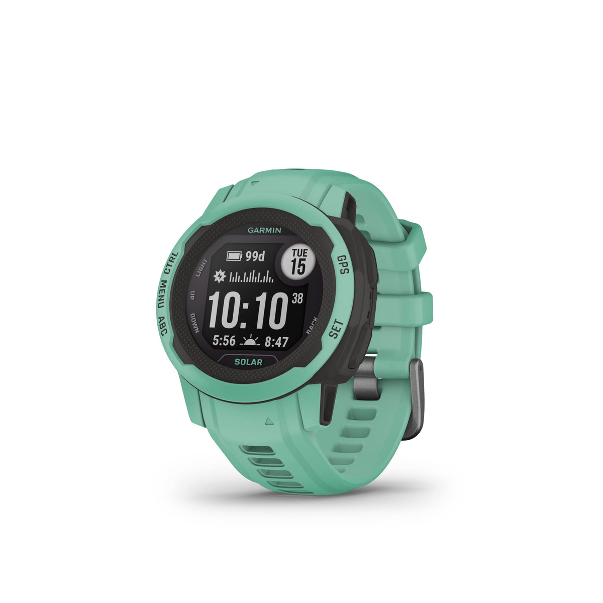 Garmin Instinct 2S Solar front view showing compact rugged watch for outdoor use.