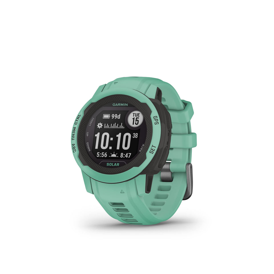 Garmin Instinct 2S Solar front view showing compact rugged watch for outdoor use.