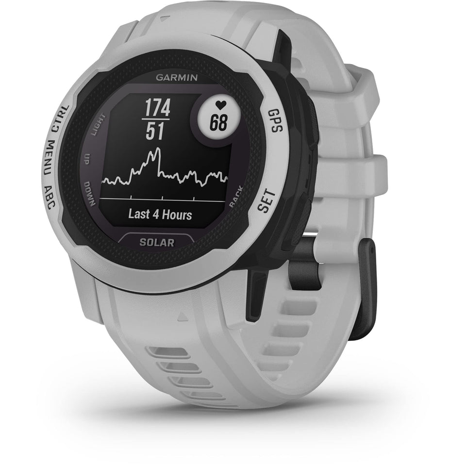 Garmin Instinct 2S Solar front view in mist gray for rugged adventures