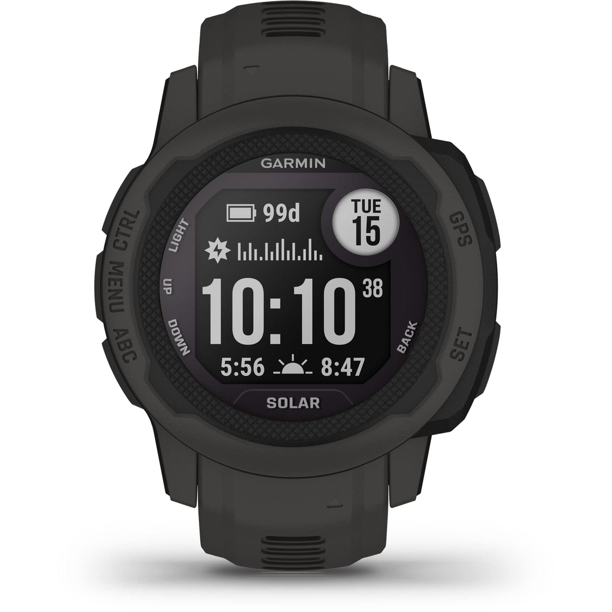 Garmin Instinct 2S Solar front view highlighting solar charging for extended outdoor use.