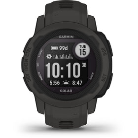 Garmin Instinct 2S Solar front view highlighting solar charging for extended outdoor use.