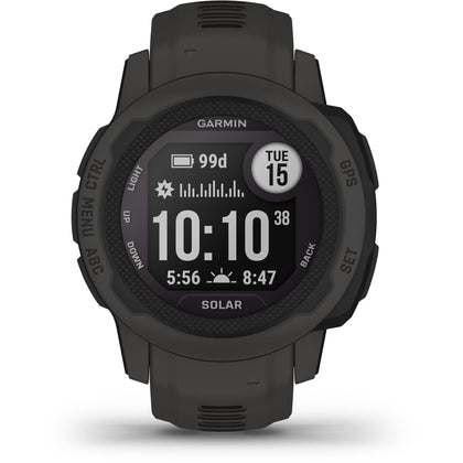 Garmin Instinct 2S Solar front view highlighting solar charging for extended outdoor use.