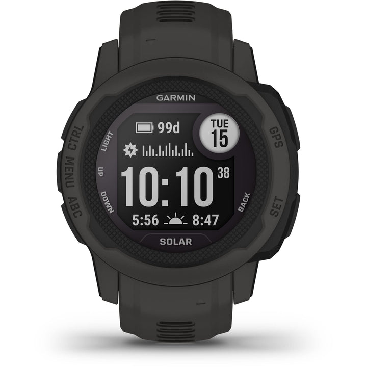 Garmin Instinct 2S Solar front view highlighting solar charging for extended outdoor use.
