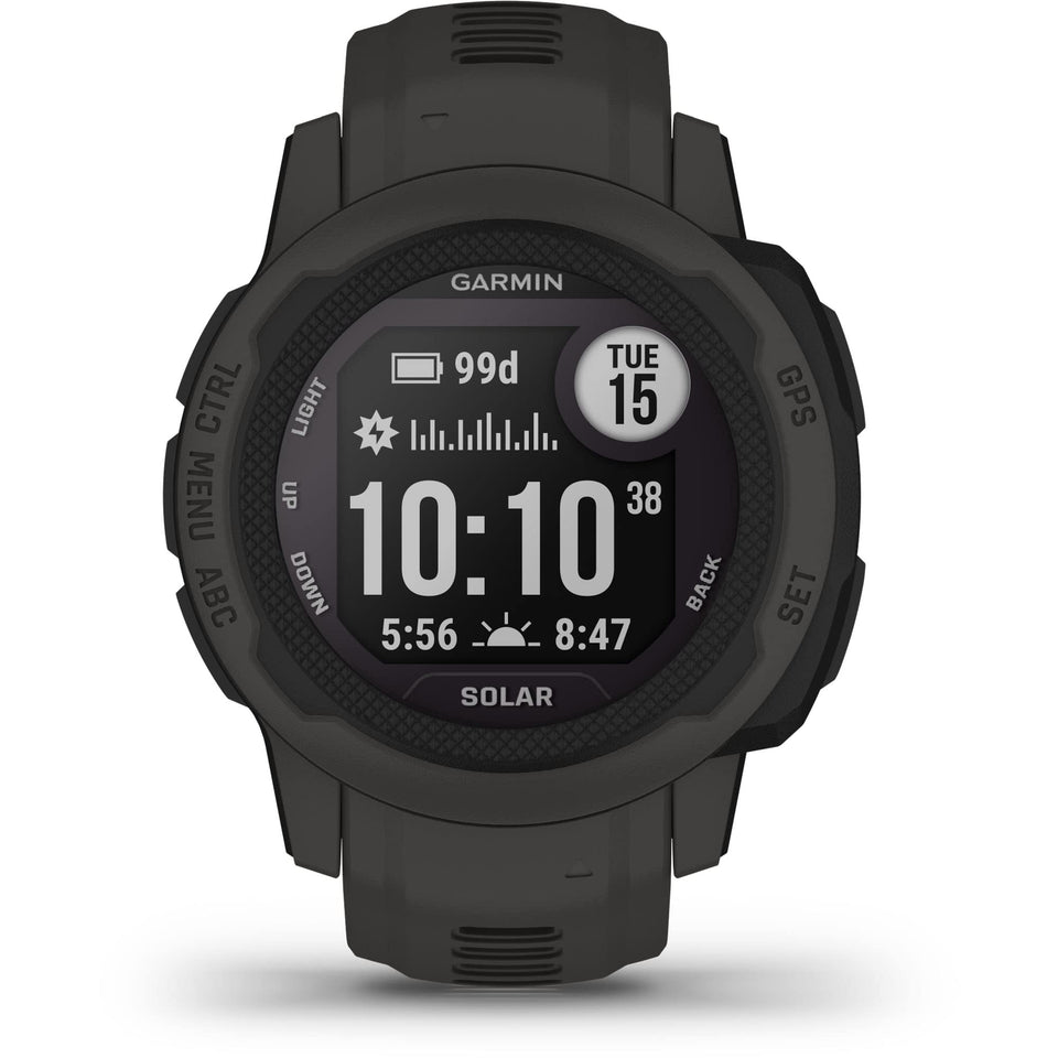 Garmin Instinct 2S Solar front view highlighting solar charging for extended outdoor use.