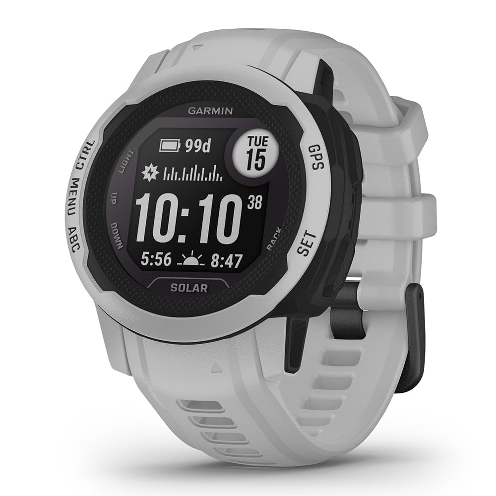Garmin Instinct 2S Solar watch, Mist Gray, rugged outdoor companion for adventures and activities.