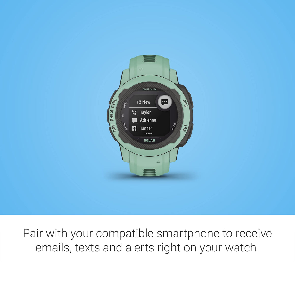 Garmin Instinct 2S Solar watch with 100m water resistance and rugged build.