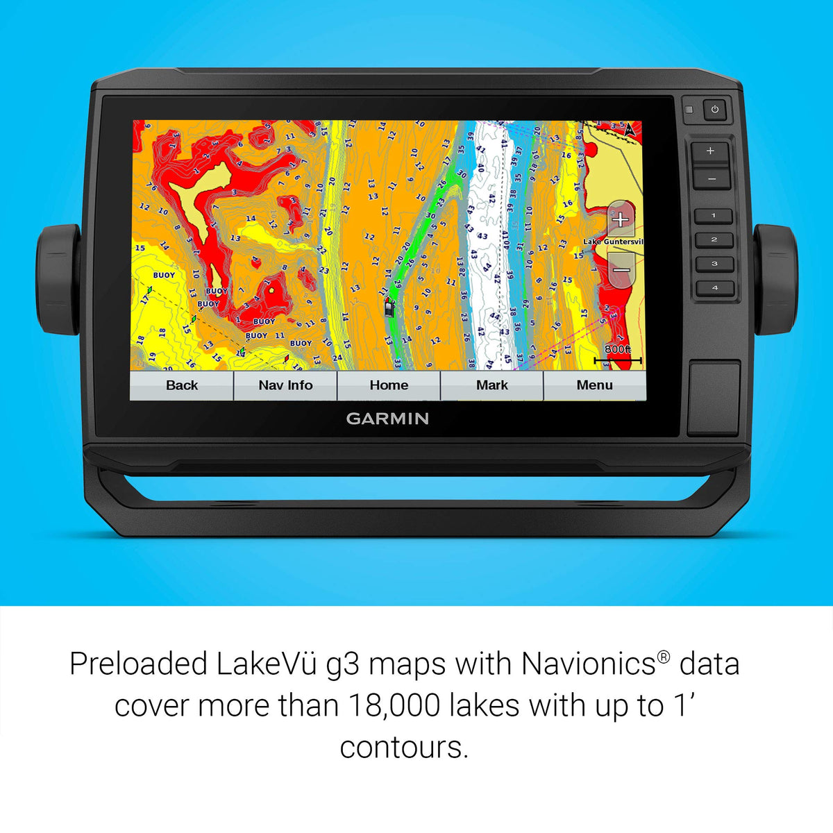 Garmin LakeVü g3 map coverage across over 18,000 inland lakes with 1' contours.
