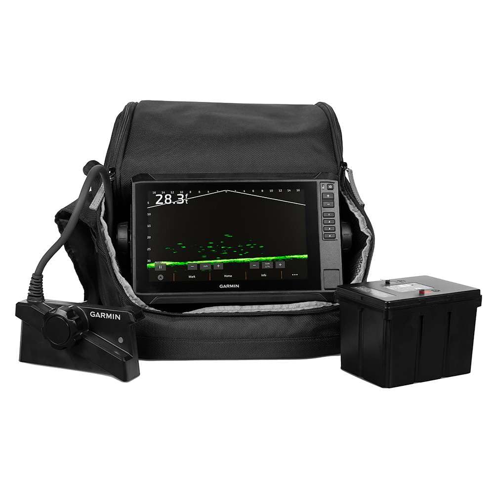 Garmin LiveScope Plus bundle with transducer on ice for real-time scanning