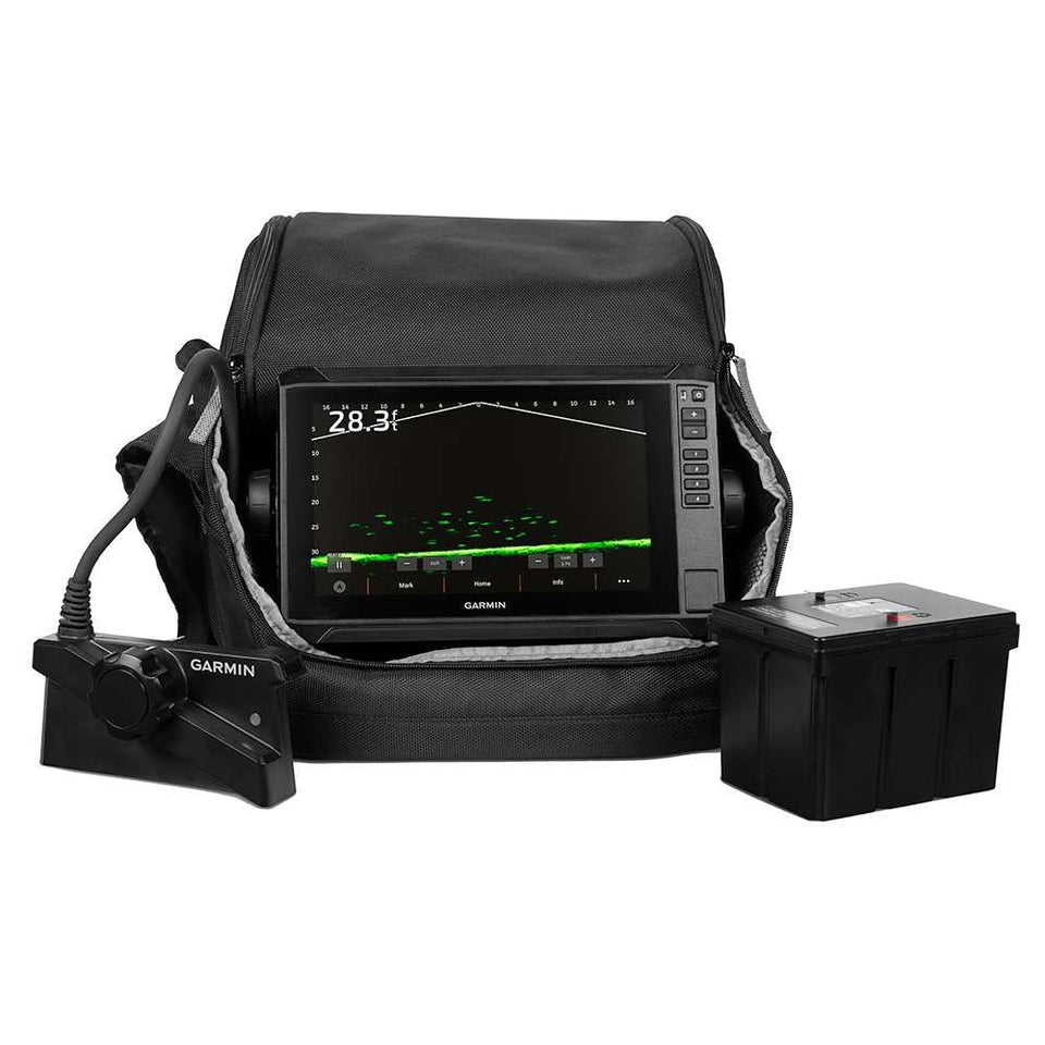 Garmin LiveScope Plus bundle with transducer on ice for real-time scanning
