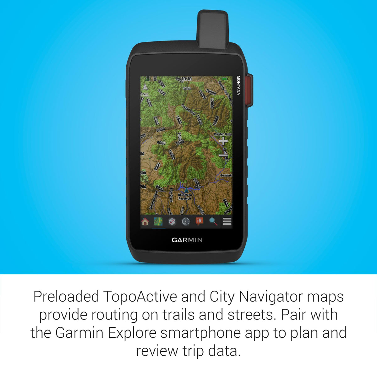 Garmin Montana 760i extended battery supports long expeditions in GPS mode.