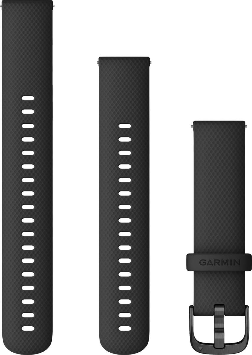Garmin quick release band front view showing black strap and slate hardware for versatile style