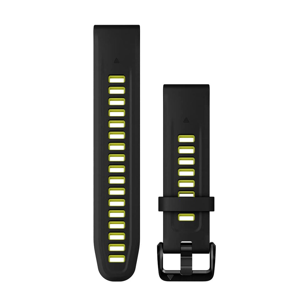 Garmin QuickFit 20 mm black electric lime band front view showing secure fit and sporty style