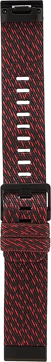 Garmin QuickFit 22 band on wrist shows quick, tool-free swap and secure fit in Heathered Red Nylon.