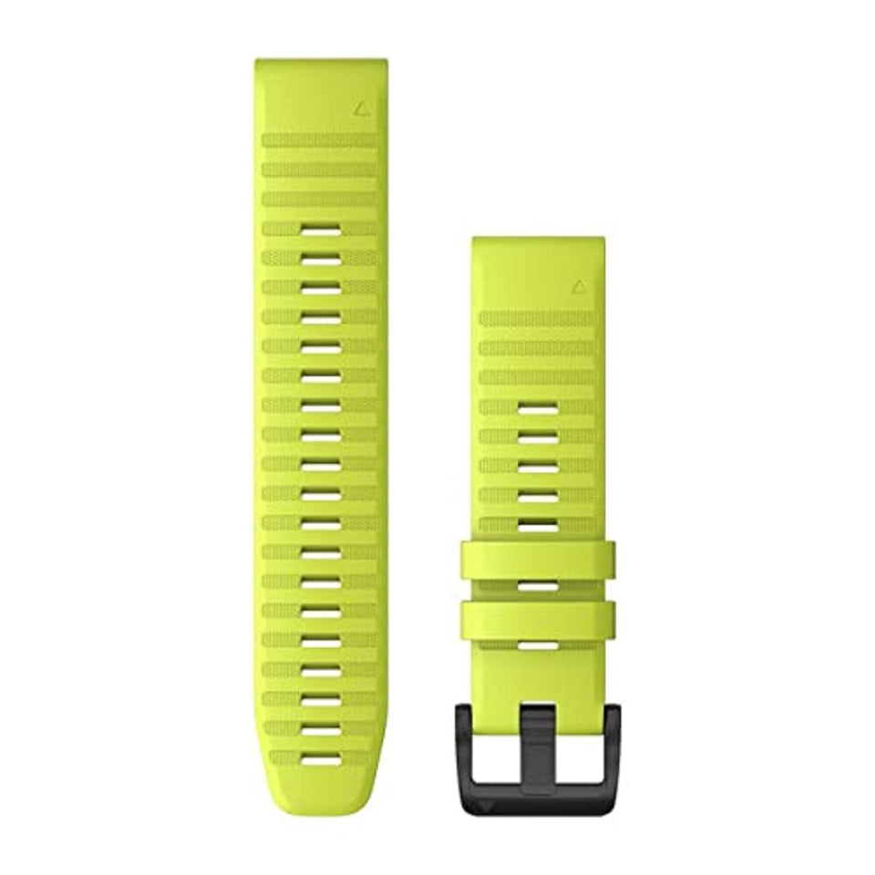 Garmin QuickFit 22 front view showing amp yellow band and snap-fit buckle for quick changes