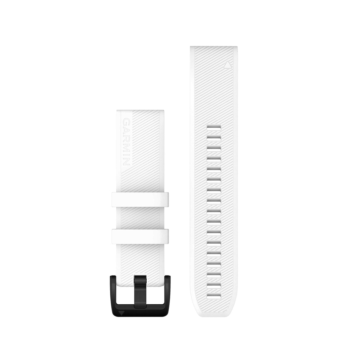 Garmin white QuickFit 22 front view showing black hardware and polished look for style
