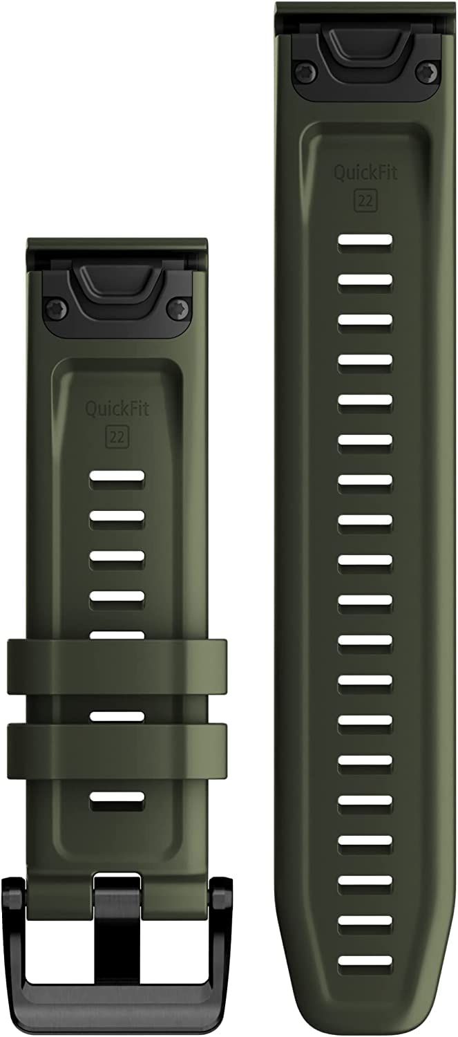 Garmin QuickFit 22 moss silicone band close-up of texture and secure comfort benefit