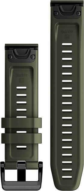 Garmin QuickFit 22 moss silicone band close-up of texture and secure comfort benefit