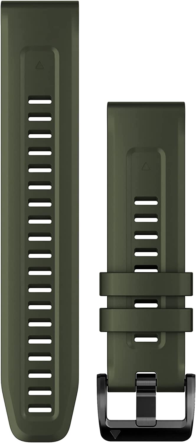 Garmin QuickFit 22 moss silicone band front view showing clasp and fit benefit