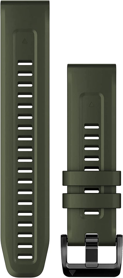 Garmin QuickFit 22 moss silicone band front view showing clasp and fit benefit
