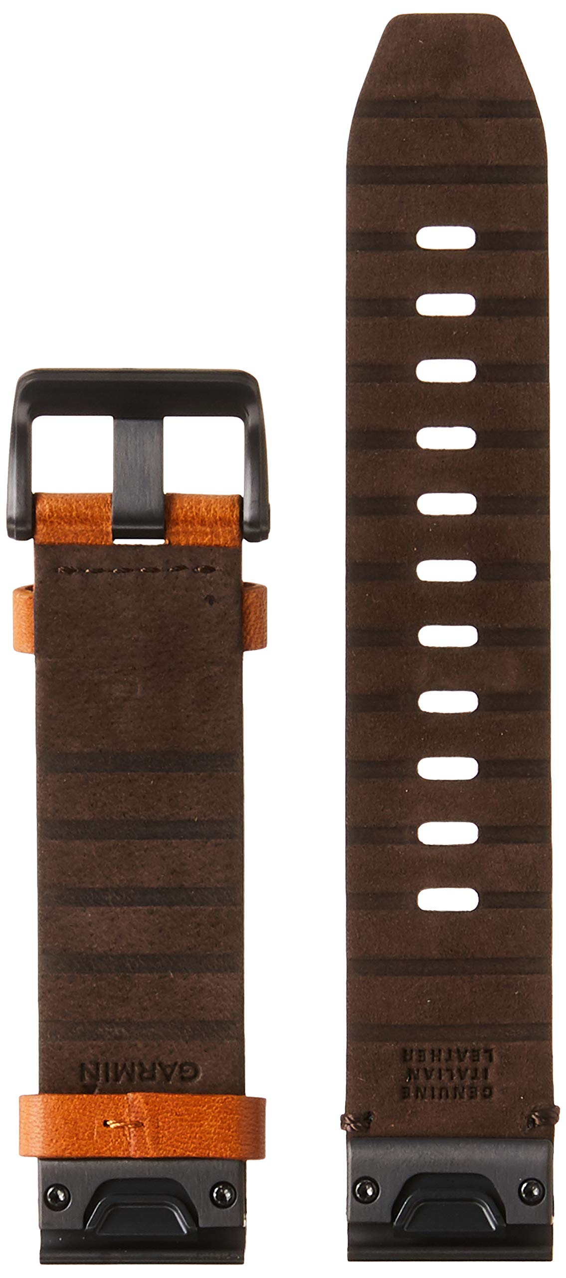 Garmin QuickFit 22 chestnut leather close-up shows durable stitching and sophisticated tone.