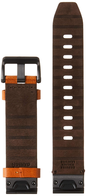 Garmin QuickFit 22 chestnut leather close-up shows durable stitching and sophisticated tone.