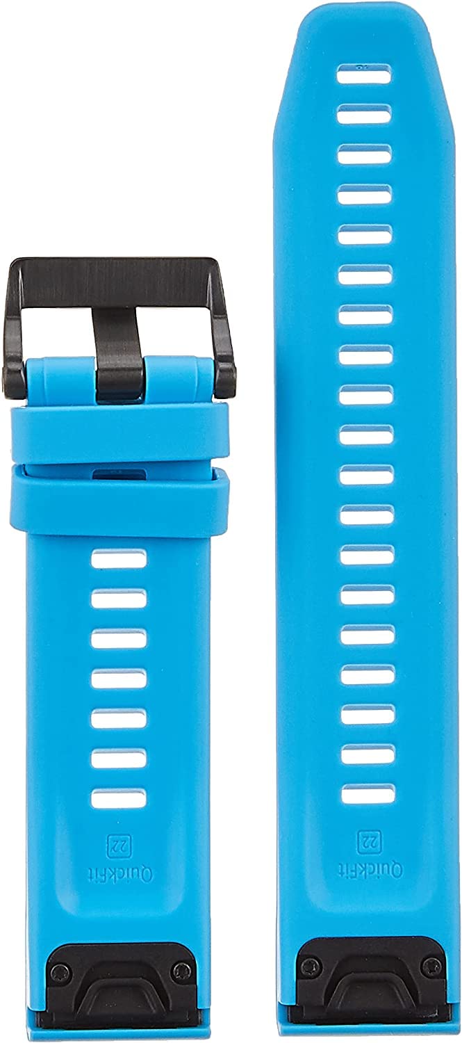 Garmin QuickFit 22 worn on wrist showcasing comfort and cyan color for active use