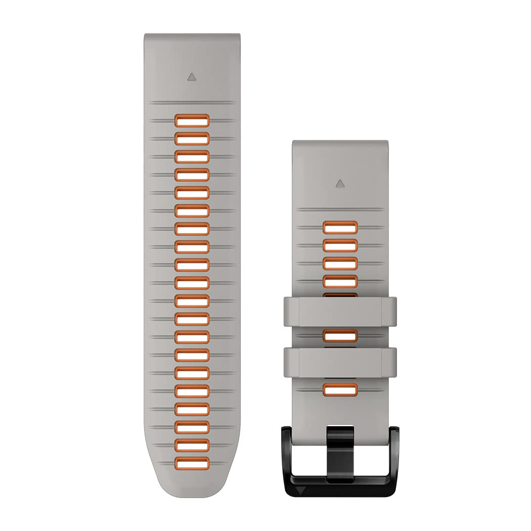 Garmin band on watch front view showing fog gray and ember orange contrast, durable fit