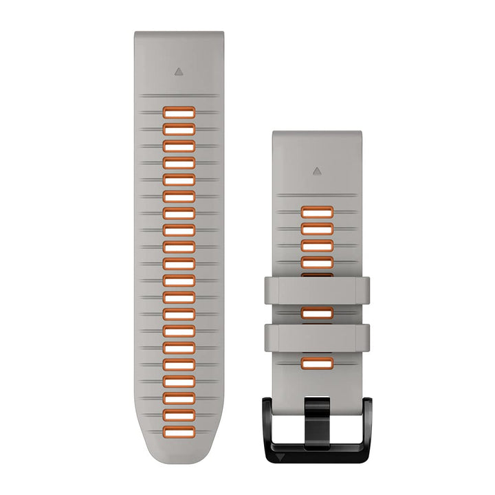 Garmin band on watch front view showing fog gray and ember orange contrast, durable fit