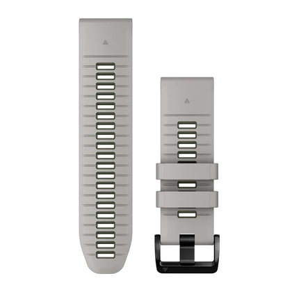 Garmin QuickFit 26mm band front view showing fog gray moss color and secure fit