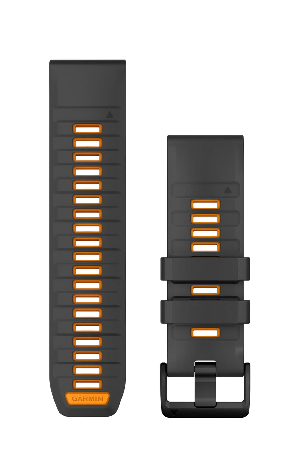 Garmin QuickFit front view showing graphite and spark orange colors and easy swap benefit