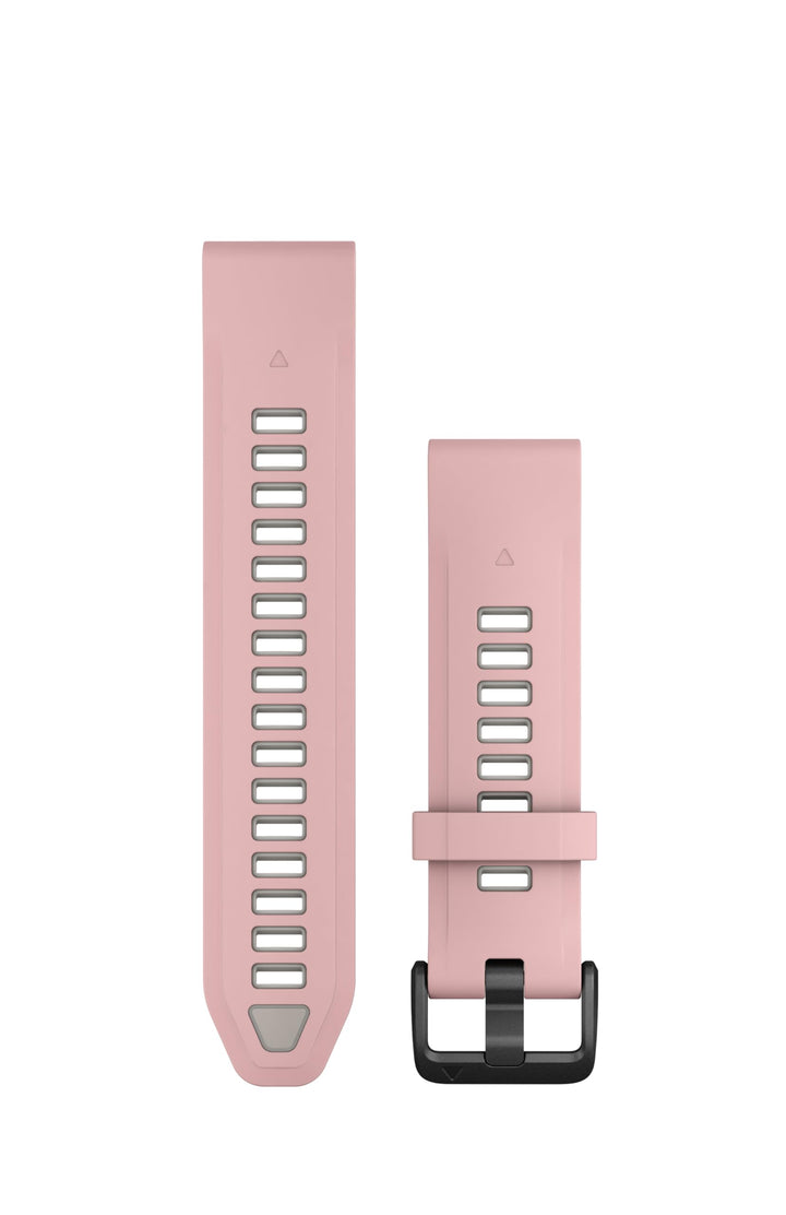 Garmin QuickFit band front view showing dust rose silicone and fog gray buckle, fresh look