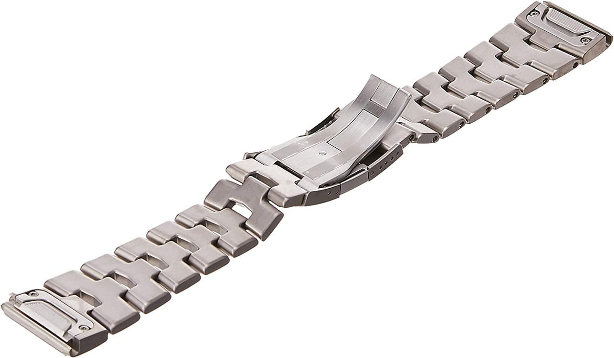 Garmin Quickfit leather strap side view highlighting secure snap and classic look.