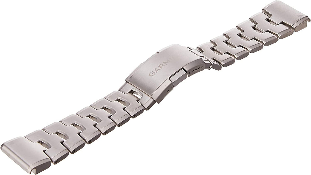 Garmin Quickfit band close-up shows vented titanium finish for breathable comfort.