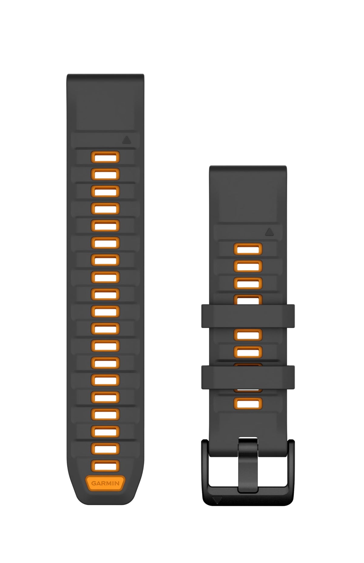 Garmin QuickFit front view showing graphite and spark orange contrast and easy swap benefit