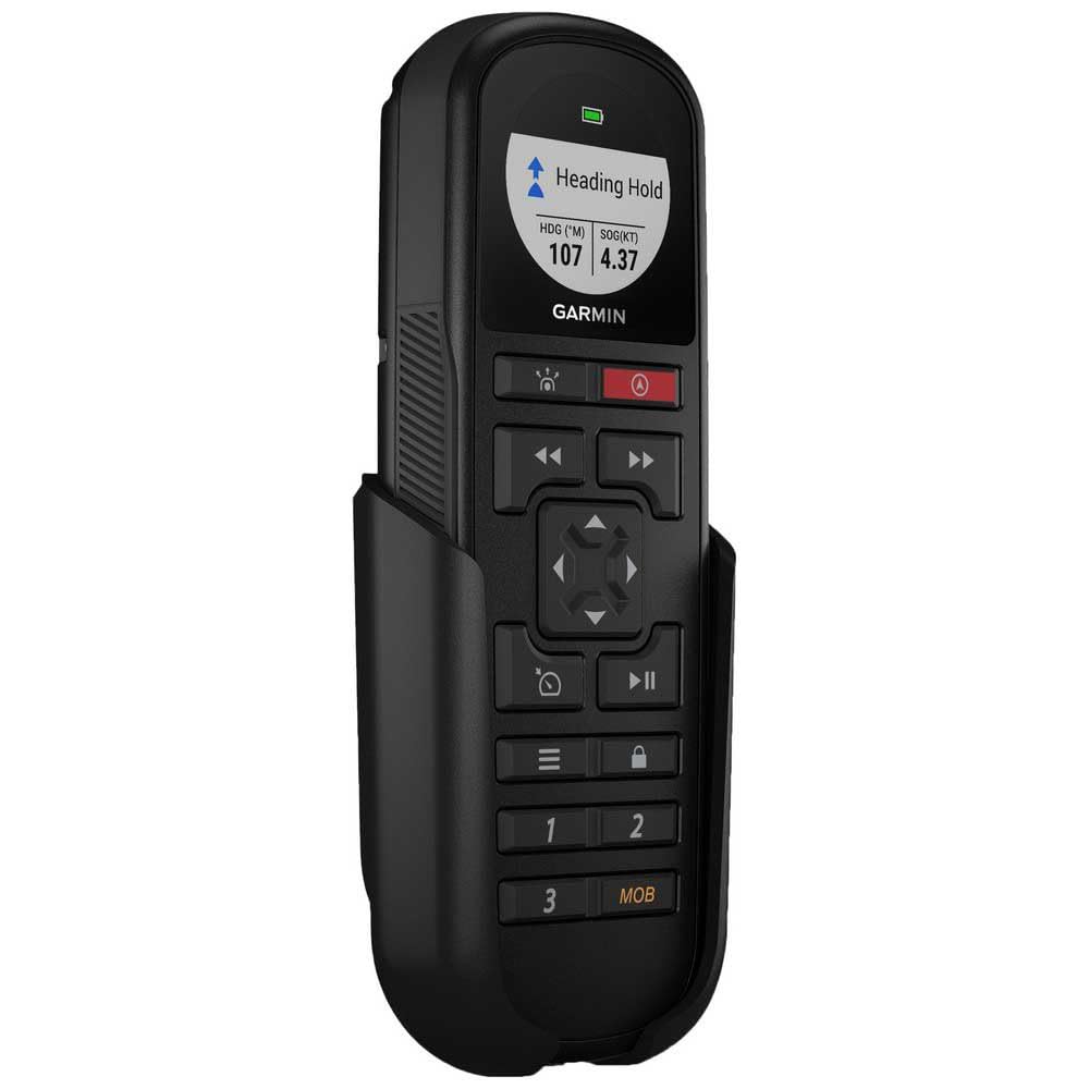 Garmin Reactor remote display on deck with sunlight-readable screen for quick autopilot control.