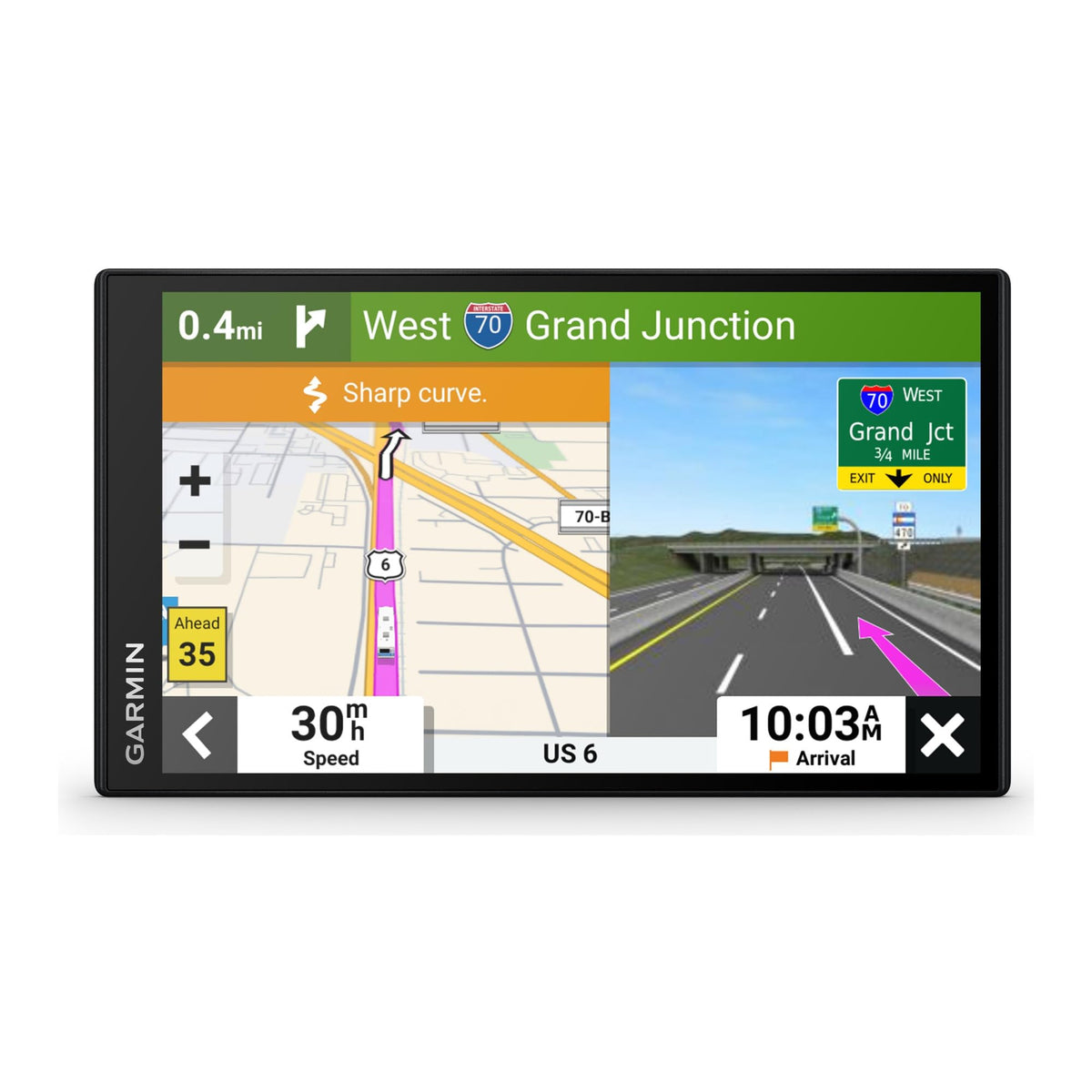 Garmin RV 795 7inch display enables clear road navigation.