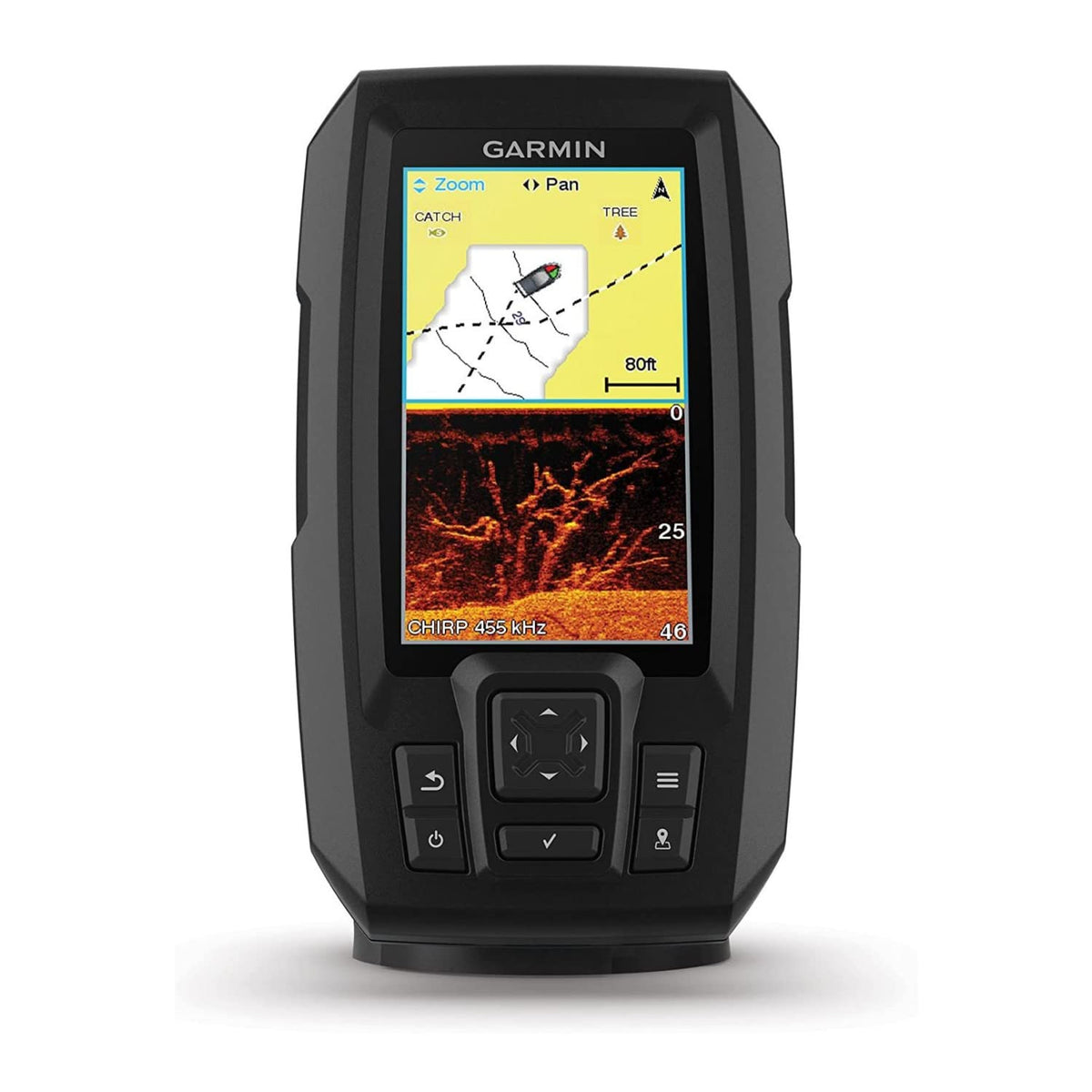 Garmin Striker 4cv transducer delivers CHIRP traditional sonar for precise readings.