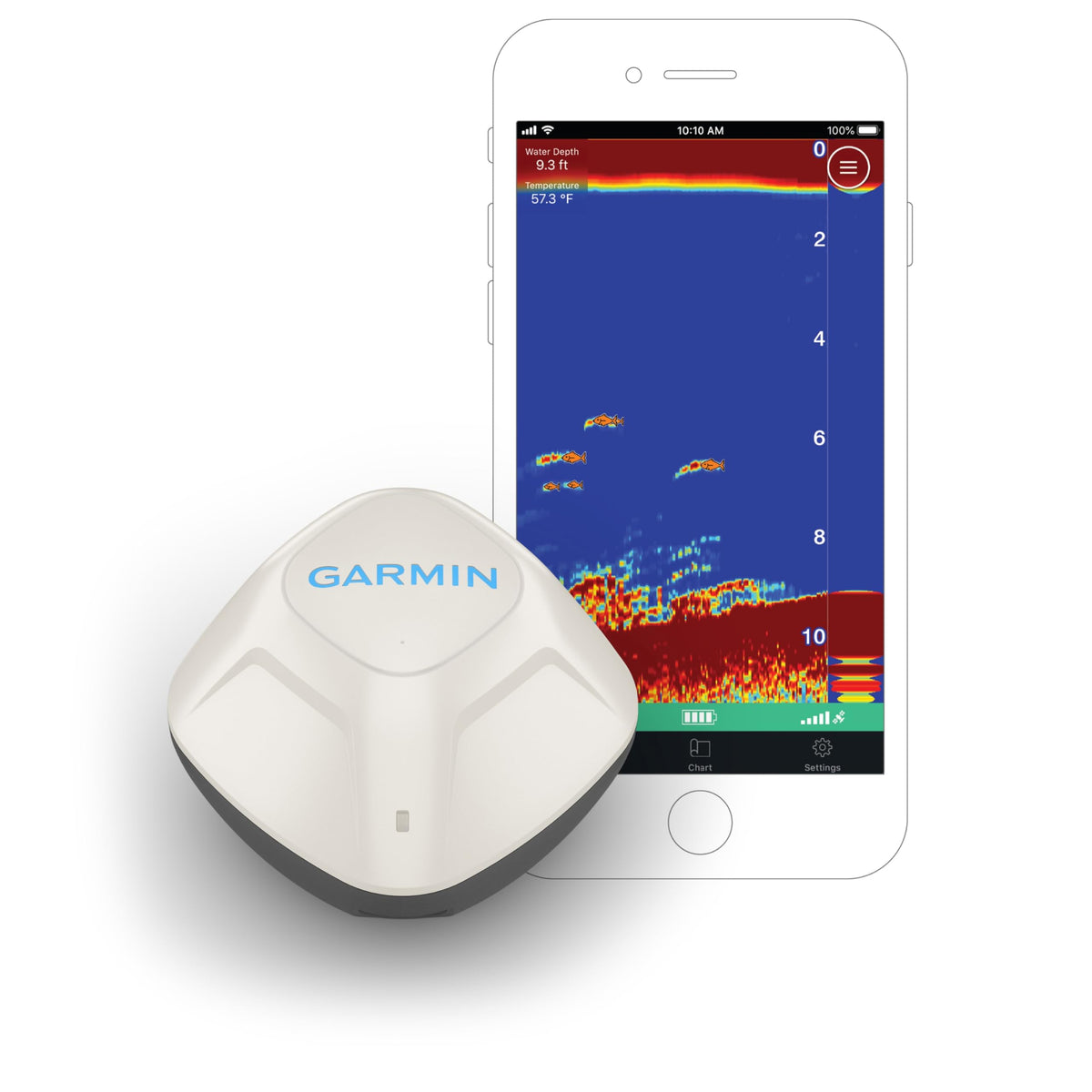 Garmin Striker Cast live sonar display on smartphone showing fish and structure.