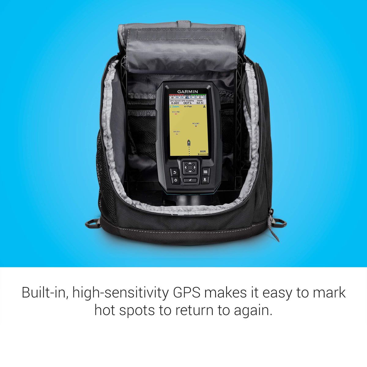 Garmin Striker Plus 4 dual-beam ice transducer for versatile depth performance.