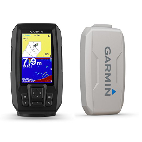 Garmin Striker Plus 4 dual-beam transducer for crisp sonar imaging and target separation